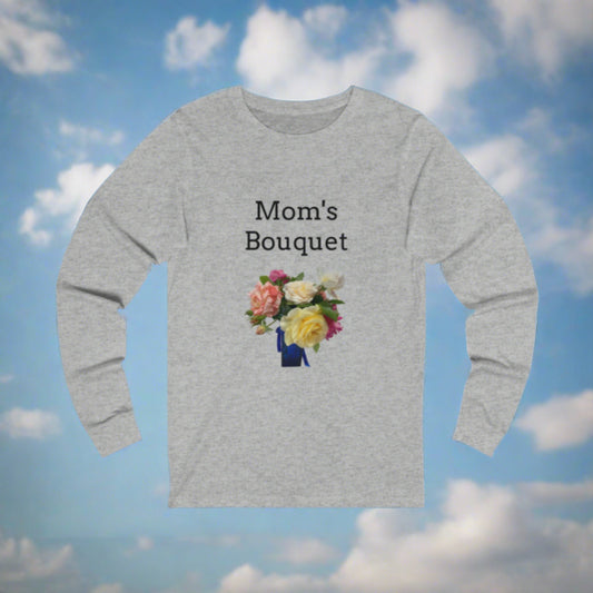 A Printify Mom's Bouquet Long Sleeve Tee featuring the text "mom's bouquet" above a printed graphic of a bouquet with yellow and pink flowers in a blue vase.