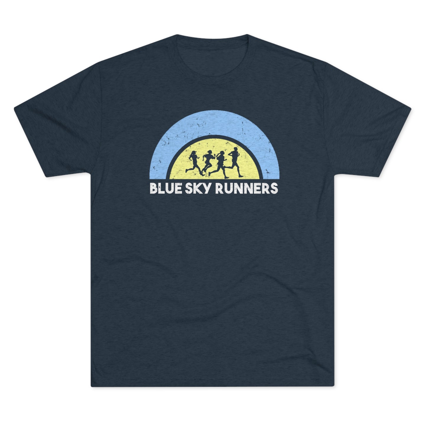 The Blue Sky Unisex Tri-Blend Crew Tee by Printify in navy blue features a graphic of four runners in silhouette inside a semi-circle, with the text "Blue Sky Runners" below. Made from tri-blend fabric, this high-quality regular fit tee boasts a gradient from blue at the top to yellow at the bottom.