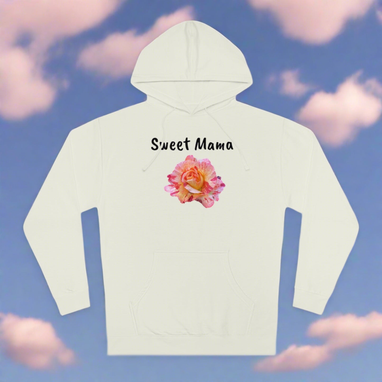 Printify's Sweet Mama Hooded Sweatshirt, featuring "sweet mama" text and a floral design, is showcased against a blue sky and clouds background. This personalized hooded sweatshirt is made from a cotton/polyester blend.