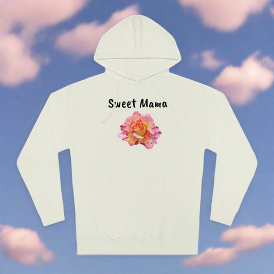 Printify's Sweet Mama Hooded Sweatshirt, featuring "sweet mama" text and a floral design, is showcased against a blue sky and clouds background. This personalized hooded sweatshirt is made from a cotton/polyester blend.