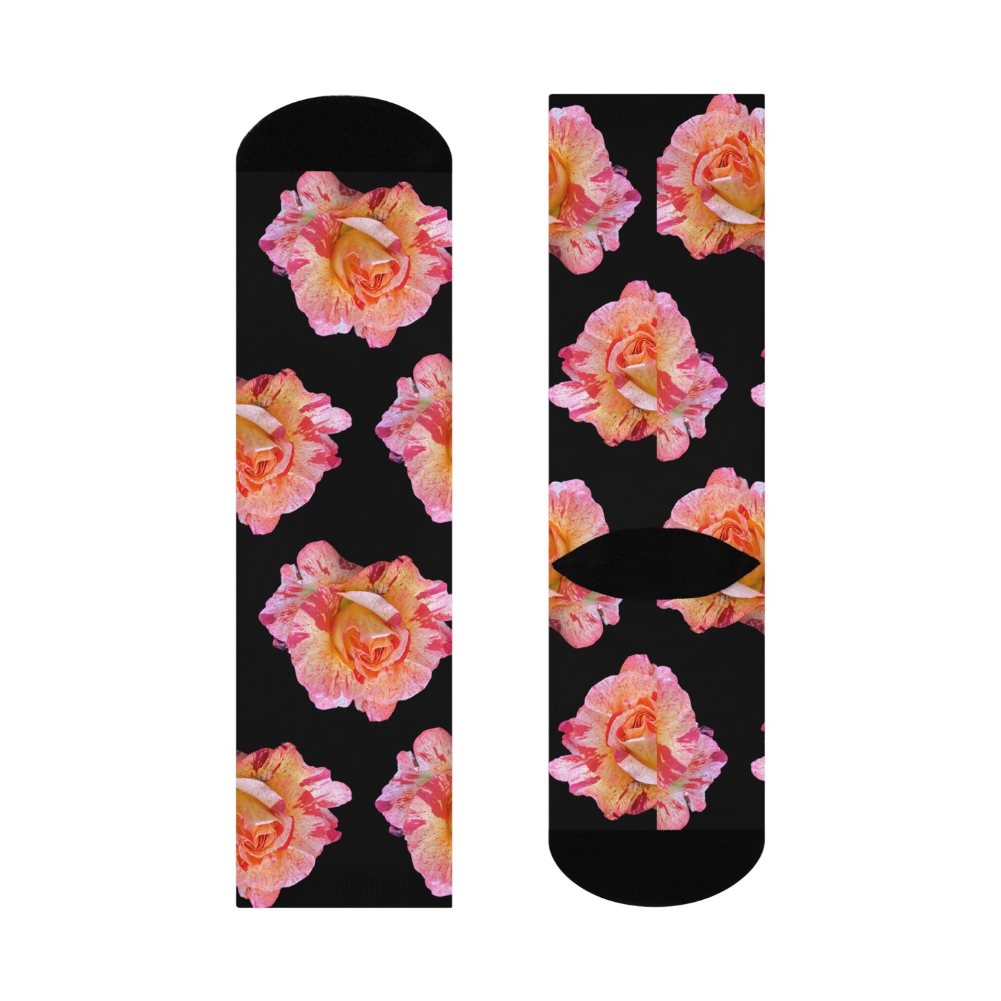 A pair of Printify Roses - Cushioned Crew Socks - Women's in black, adorned with a photo-realistic print of pink and yellow roses.