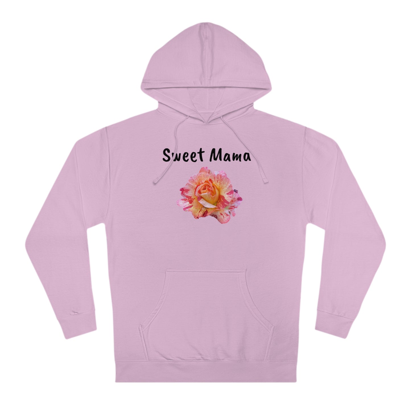 A light pink Sweet Mama Hooded Sweatshirt crafted from a cotton/polyester blend, featuring the words "sweet mama" in black script on the front, embellished with a colorful floral design below the text, by Printify.