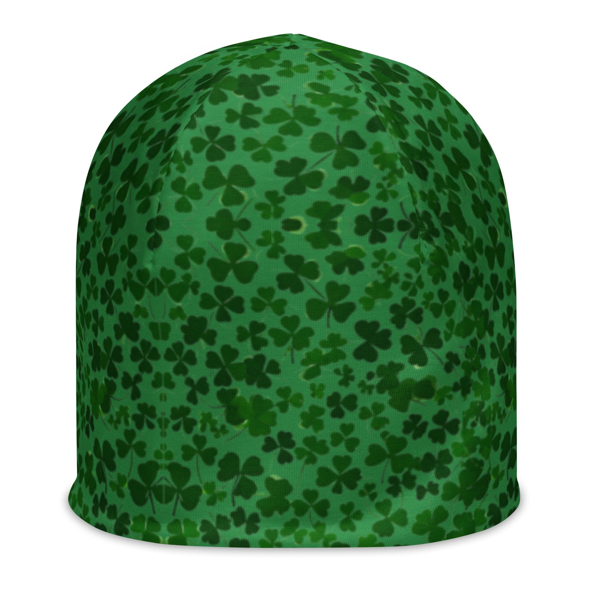 The Blue Sky Runners Shamrock Beanie boasts a stylish design with small, overlapping clovers in various shades of green, forming a double-layered appearance. It's ideal for celebrating St. Patrick's Day in style.