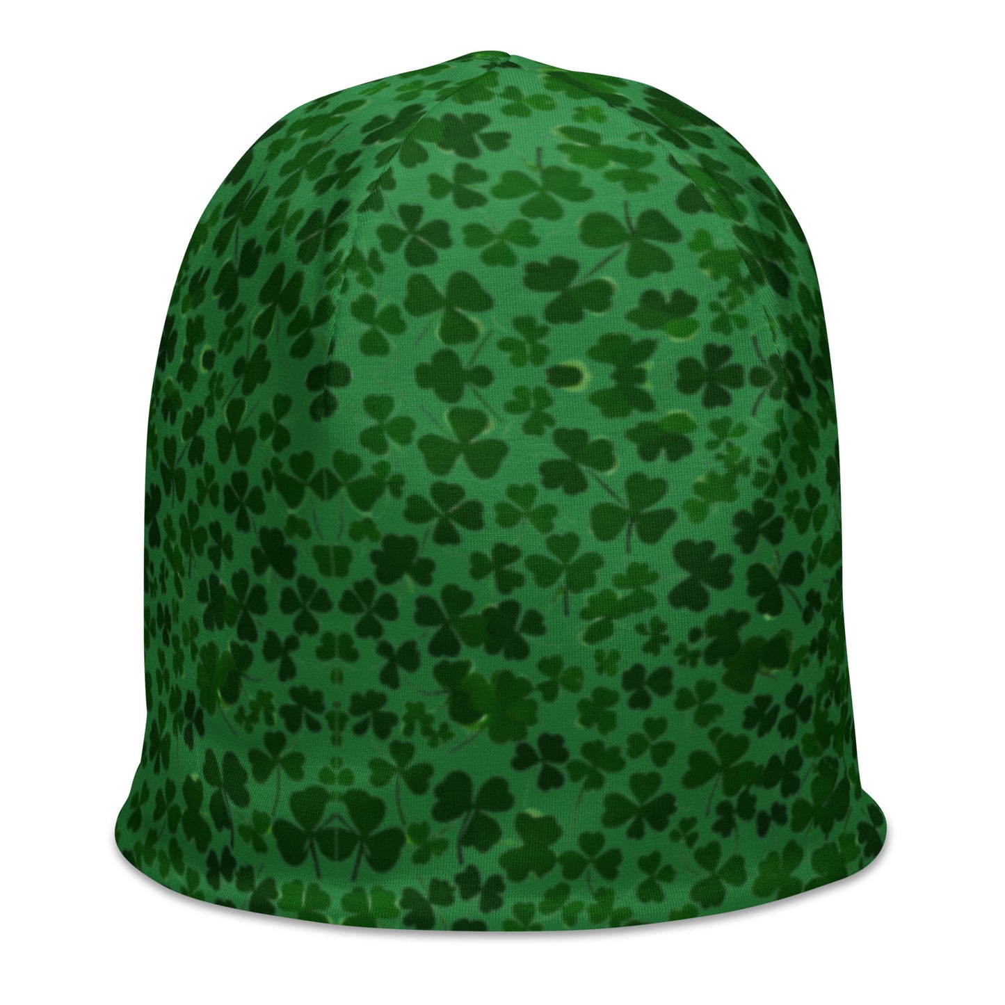 The Blue Sky Runners Shamrock Beanie showcases a pattern of diverse shamrock shades, providing both warmth and style.