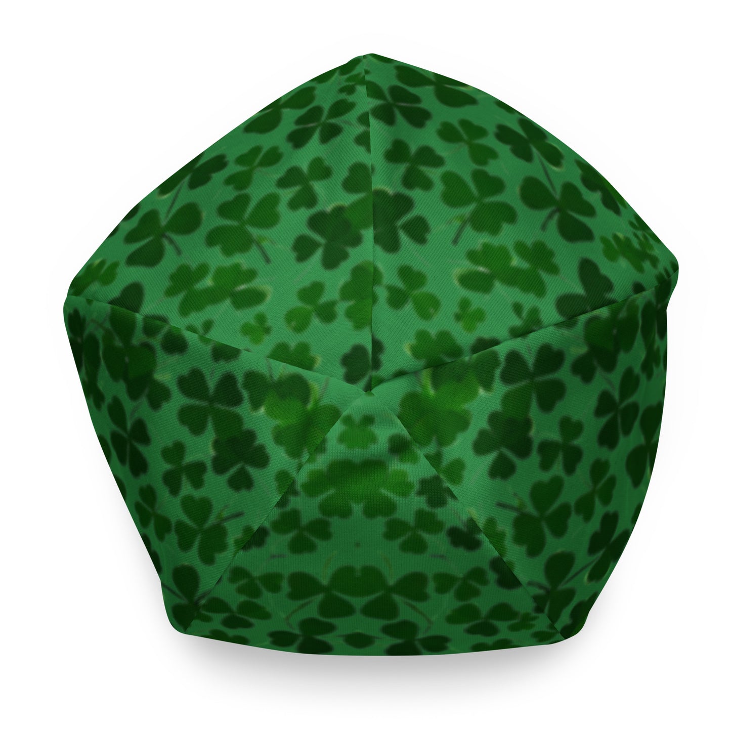 Created by Blue Sky Runners, the Shamrock Beanie is a stylish green hat adorned with a pattern of dark green shamrocks and crafted with a double-layered structure for enhanced comfort. Its distinct and charming design is easily visible from the top.