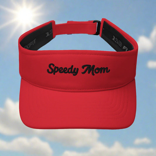 Under a sky filled with fluffy clouds and bright sunshine, the Blue Sky Runners' Speedy Mom Visor—a red cap featuring "Speedy Mom" embroidered in black—serves as the ideal stylish gift for any active mom.