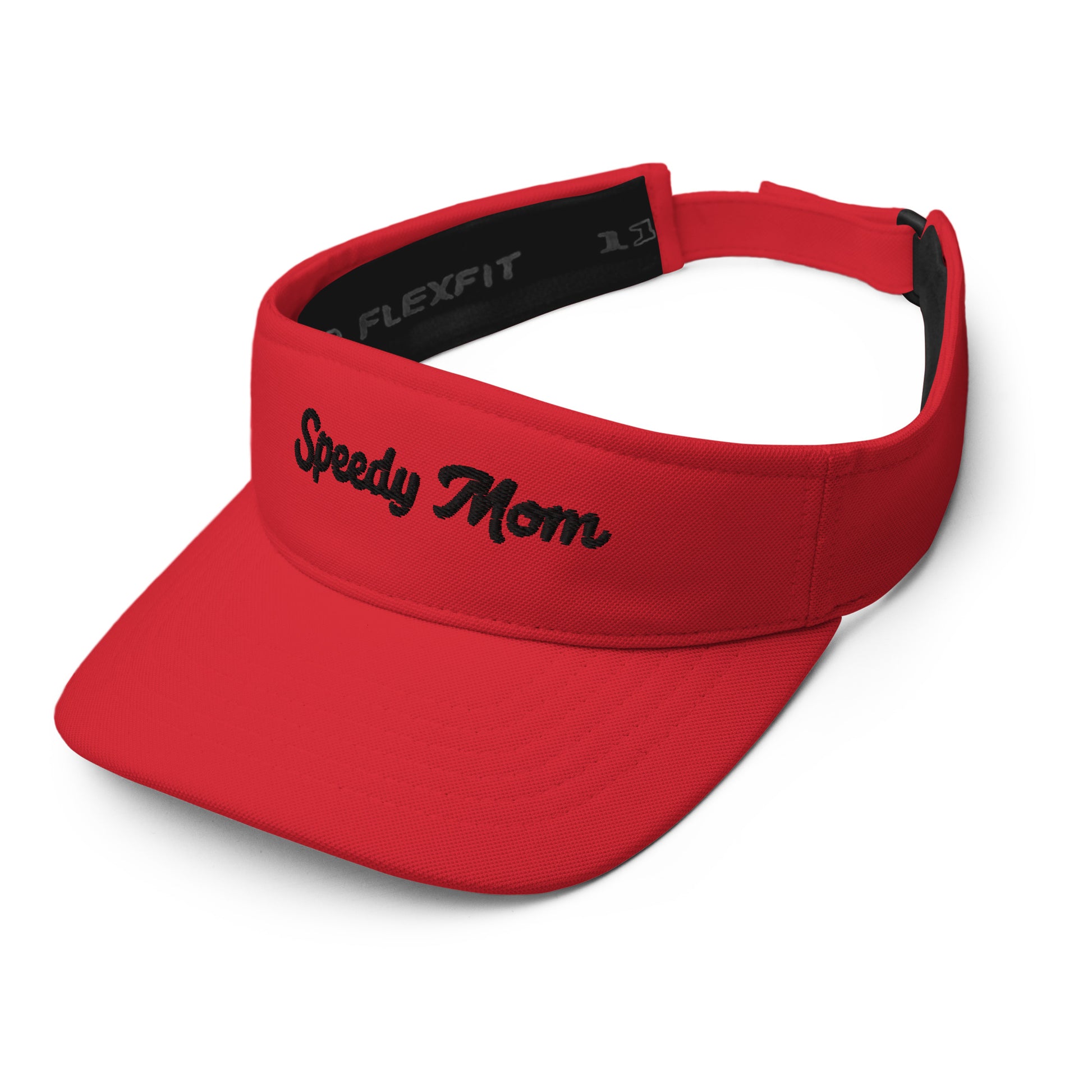 The Speedy Mom Visor by Blue Sky Runners makes an ideal gift for the active mom. This red visor, adorned with "Speedy Mom" embroidered in bold black, combines style and practicality with its adjustable strap and notable Flexfit logo on the inner band, all elegantly displayed against a pristine white background.